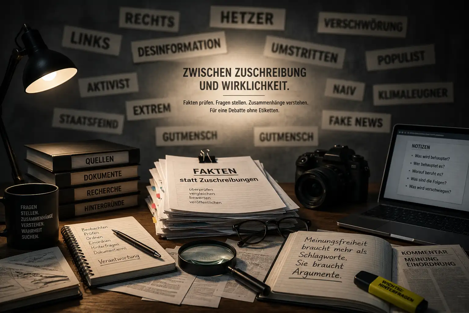 Symbolbild zu Medienkritik und Meinungsfreiheit: Schreibtisch mit Dokumenten, Rechercheunterlagen und Quellen, während politische Etiketten und Zuschreibungen im Hintergrund verschwimmen.