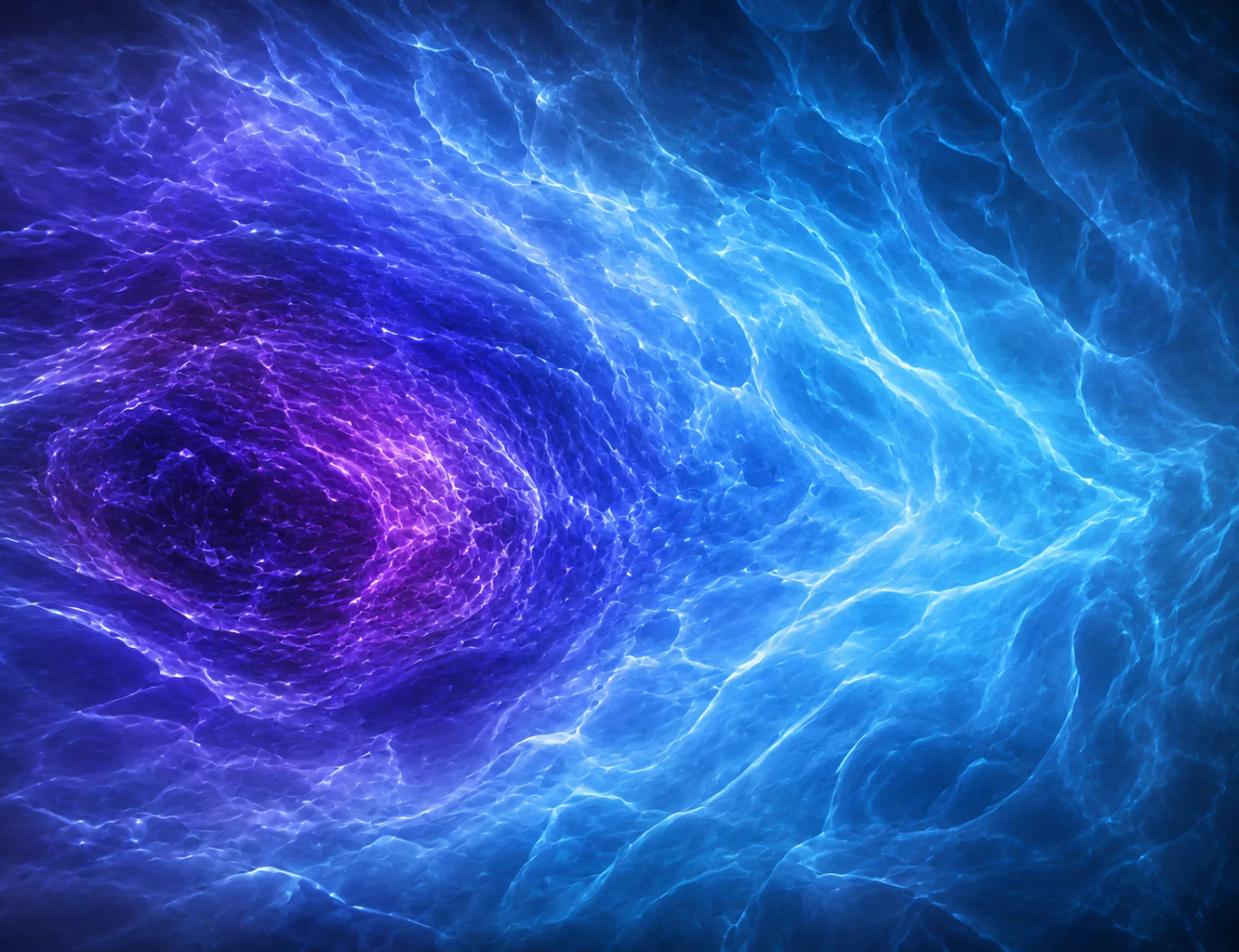 zeit-als-fluid-urknall-phasenuebergang-kosmologie Visualisierung des Zeitfluids beim Urknall – komprimierter violetter Kern geht in expandierende blaue Wellen über und zeigt den kosmologischen Phasenübergang